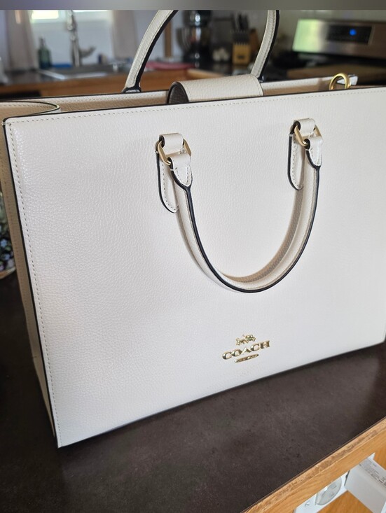 Coach Handbags - COACH Cream Leather Structured Top-Handle Satchel with Gold Hardware
